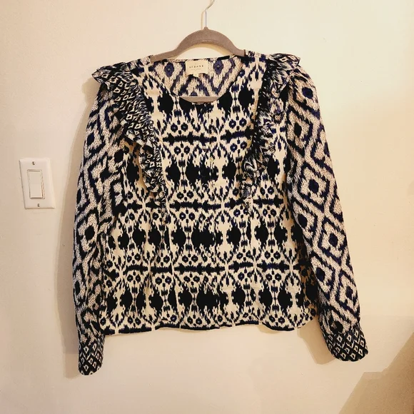 Sezane Printed Ruffle Cotyon Blue Button Down Blouse Size 42 US 10 - Picture 5 of 12